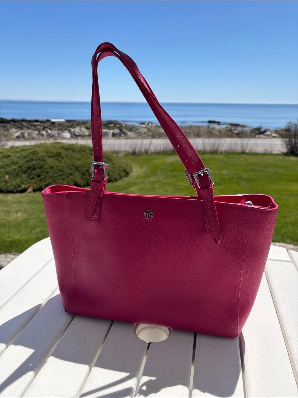 Tory Burch Magenta Leather Tote with Double Straps - Picture 2 of 16